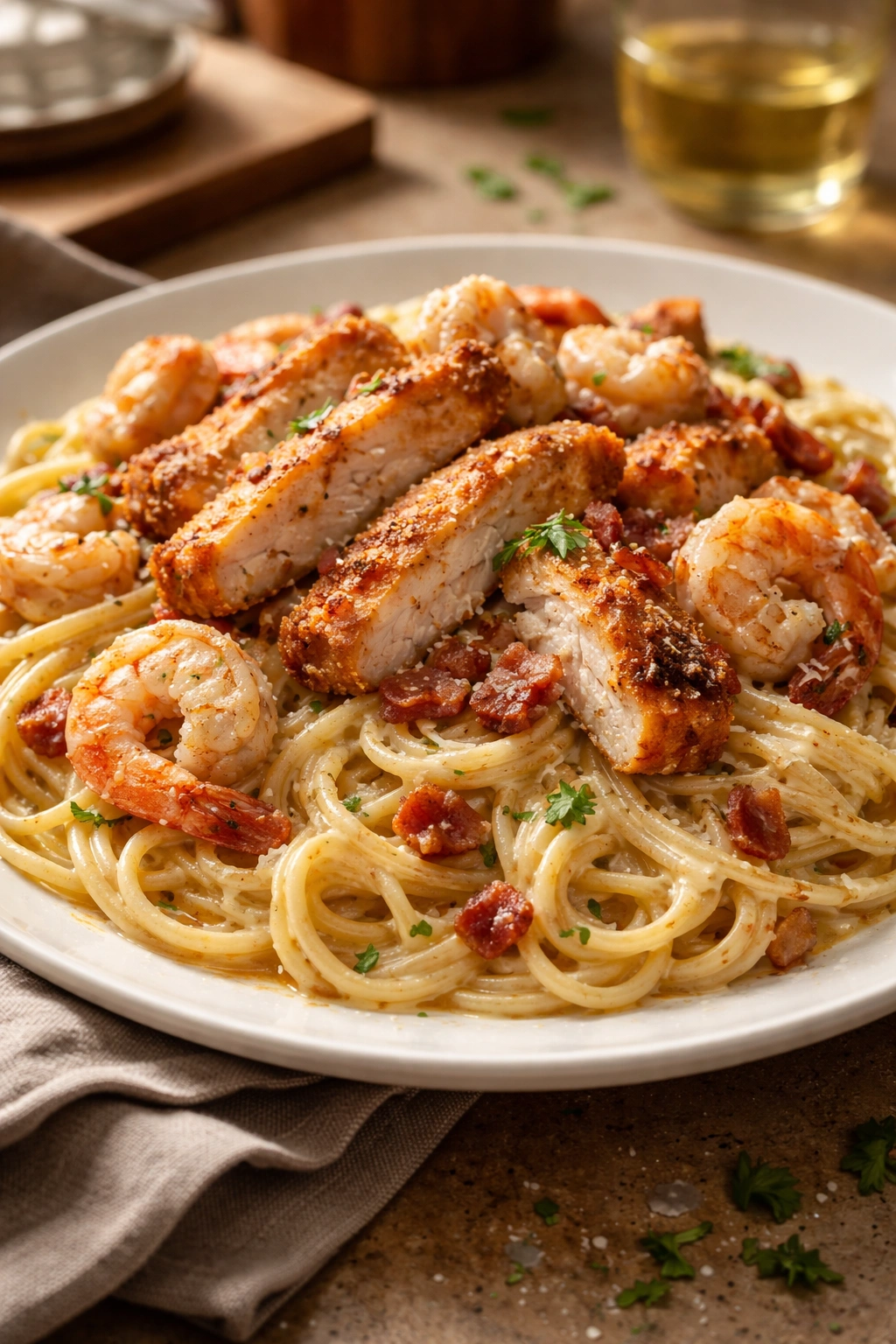 Chicken and shrimp carbonara with creamy sauce and pasta