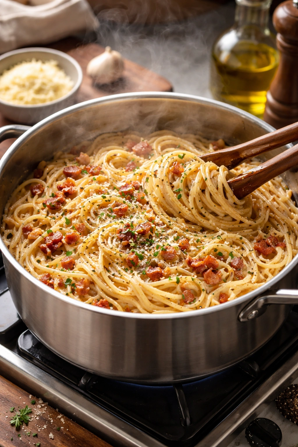 Creamy pasta carbonara with bacon and parmesan in one pot