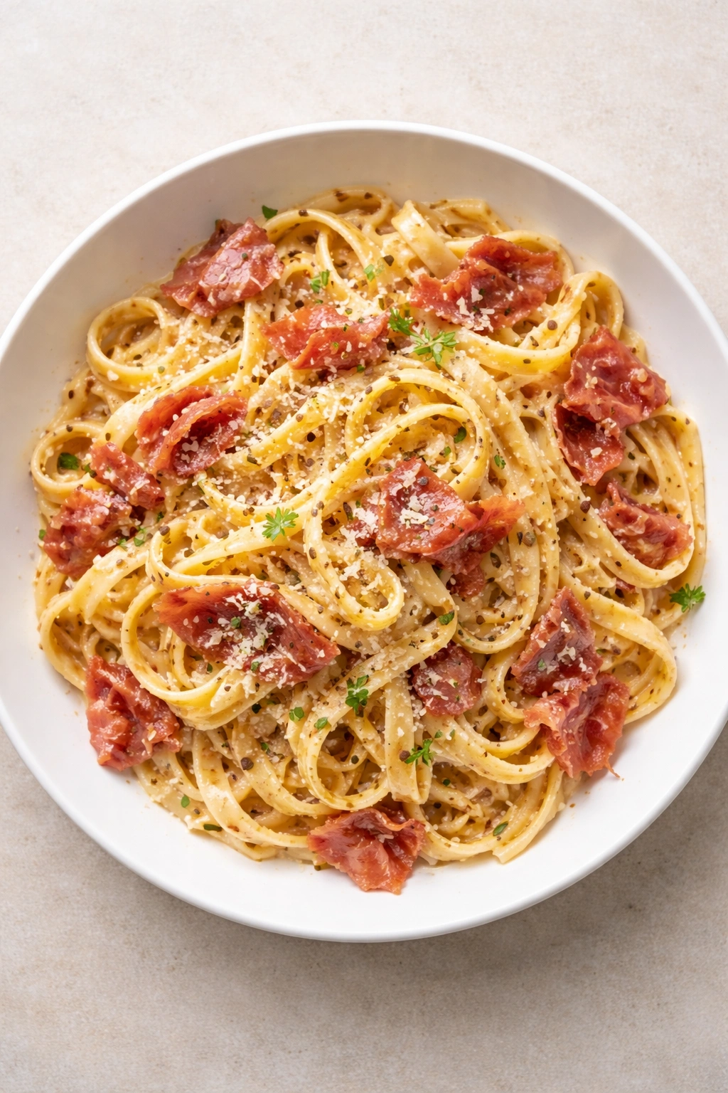 Creamy carbonara with prosciutto on plate