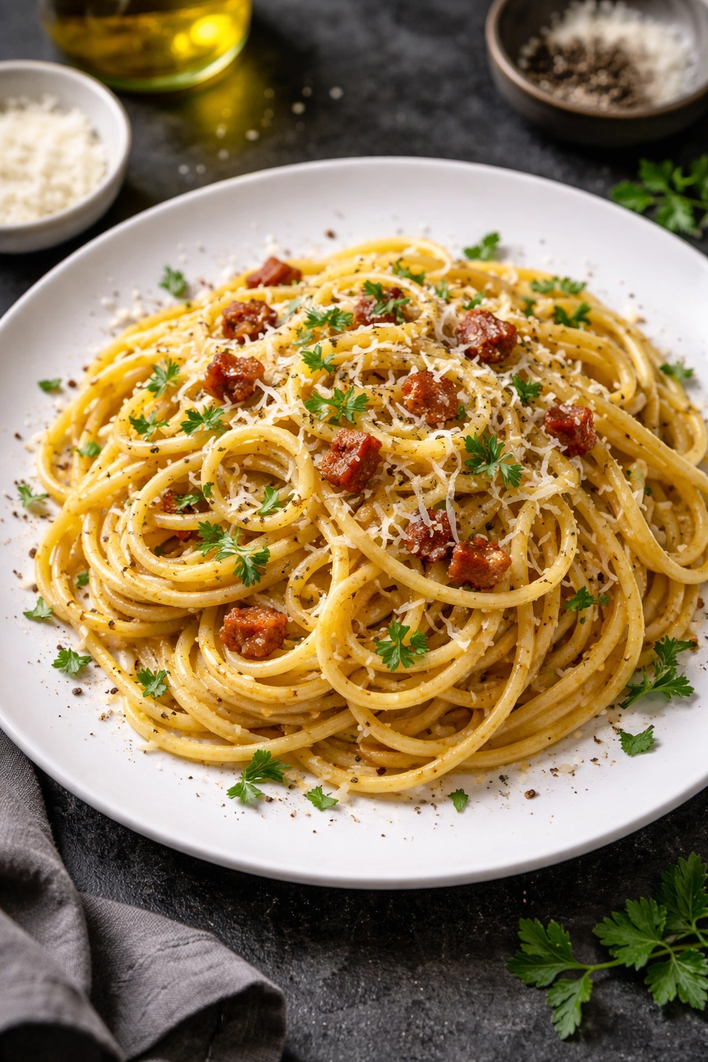 Spaghetti carbonara with herbs on a plate