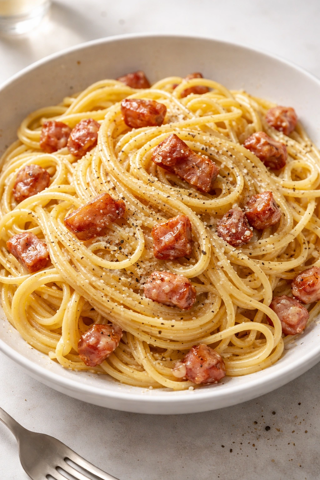 Spaghetti carbonara with guanciale and pepper