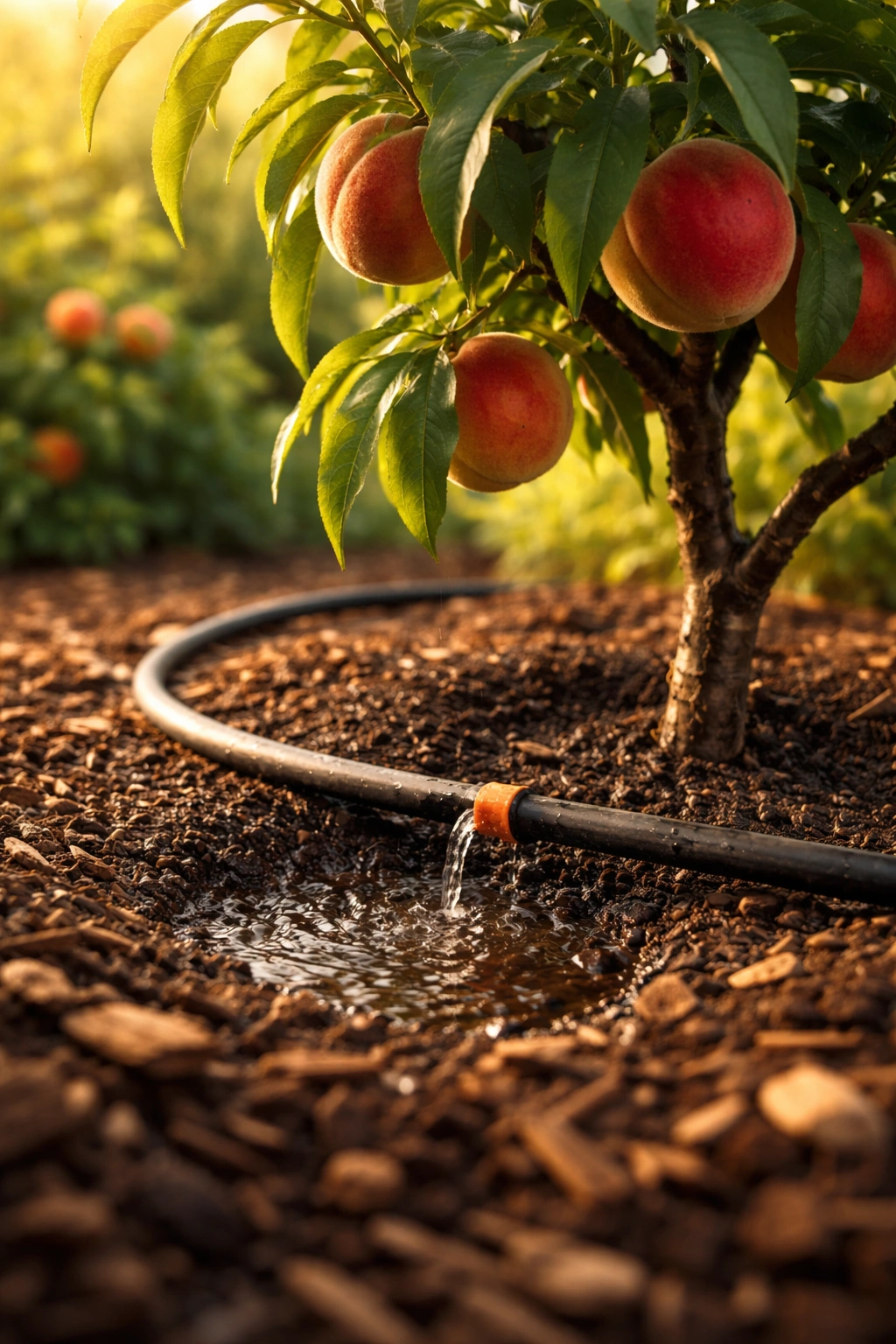 Close-up of a fruit plant receiving deep watering with mulch around the base in a sunlit garden