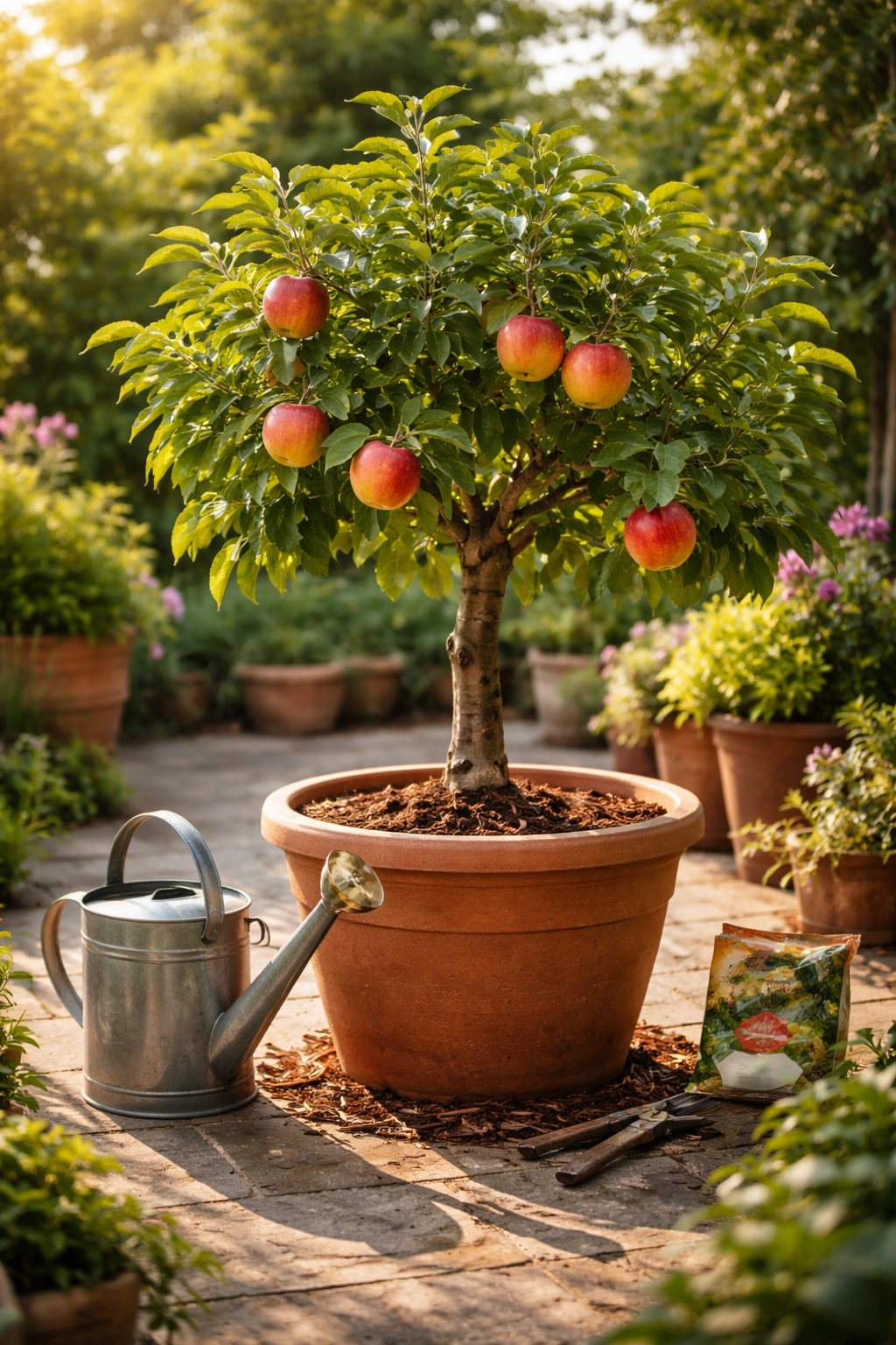 Mature fruit tree in a container with a watering can on the patio.