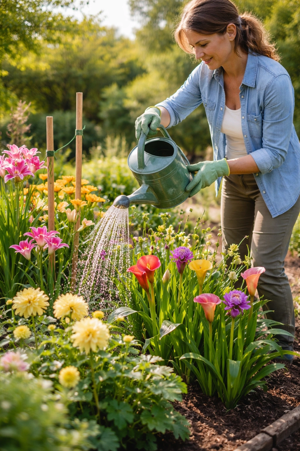 Gardener watering and staking spring-planted bulbs