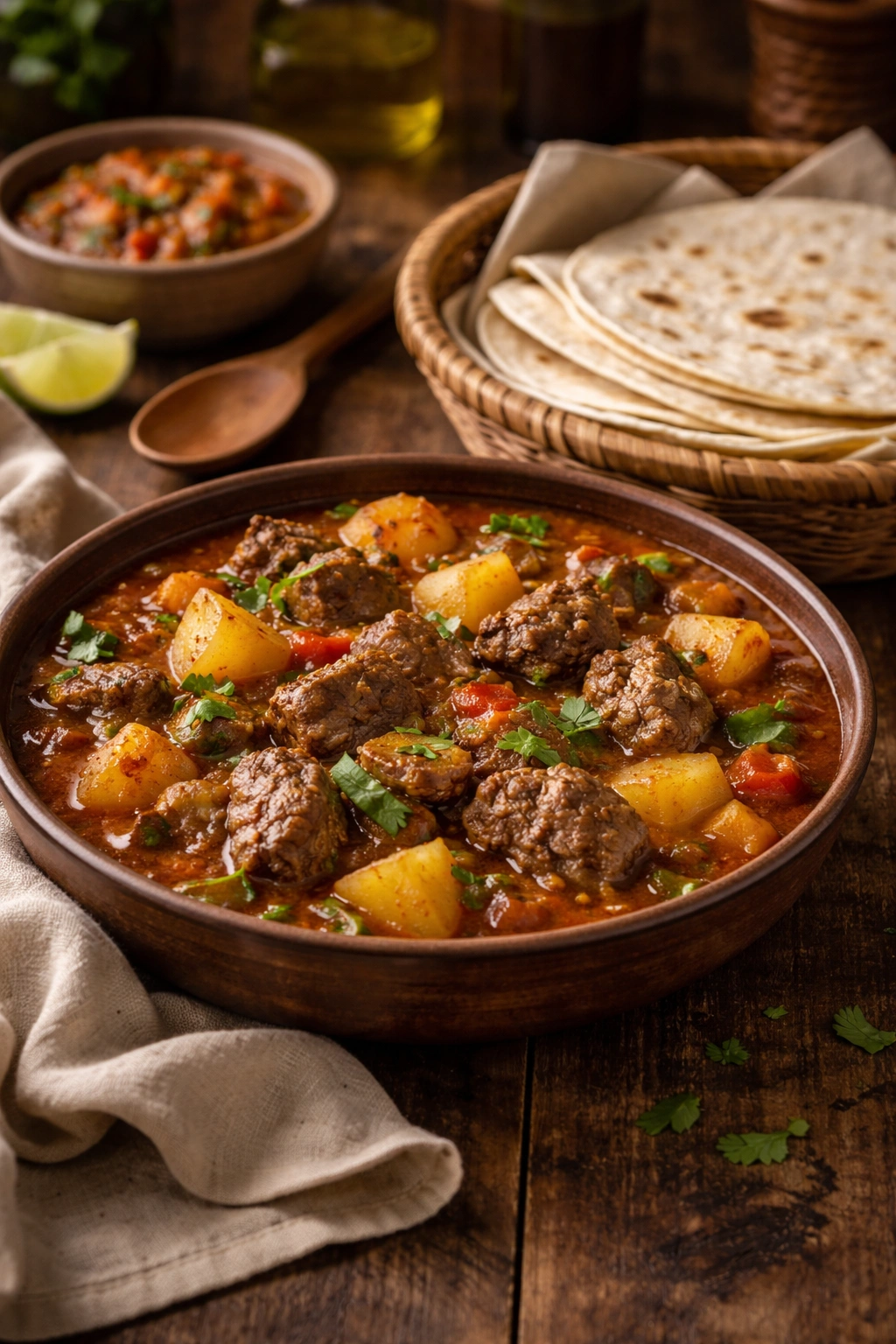 Beef stew carne guisada with tortillas on the side