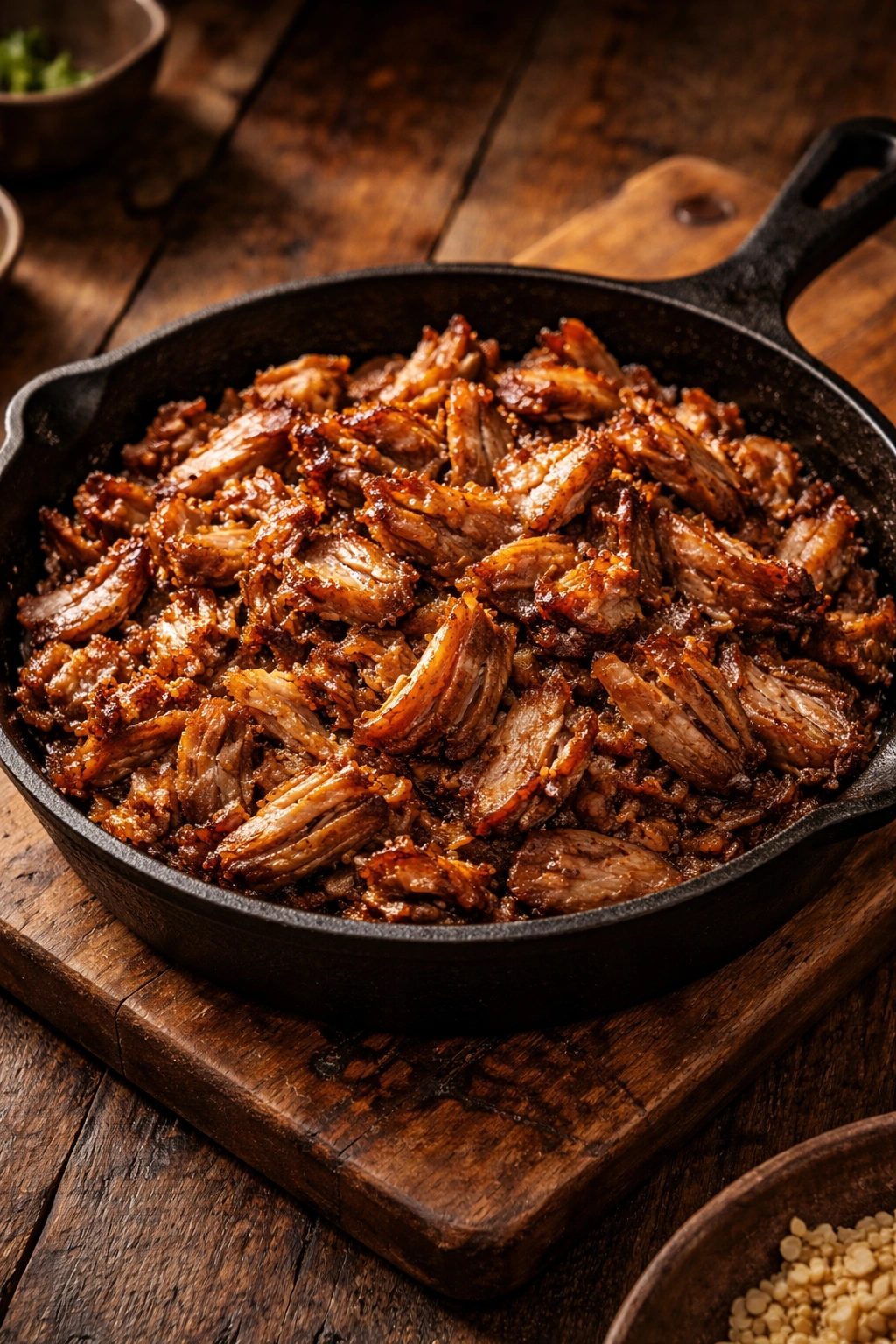 Tender carnitas piled in a cast-iron skillet with crispy edges