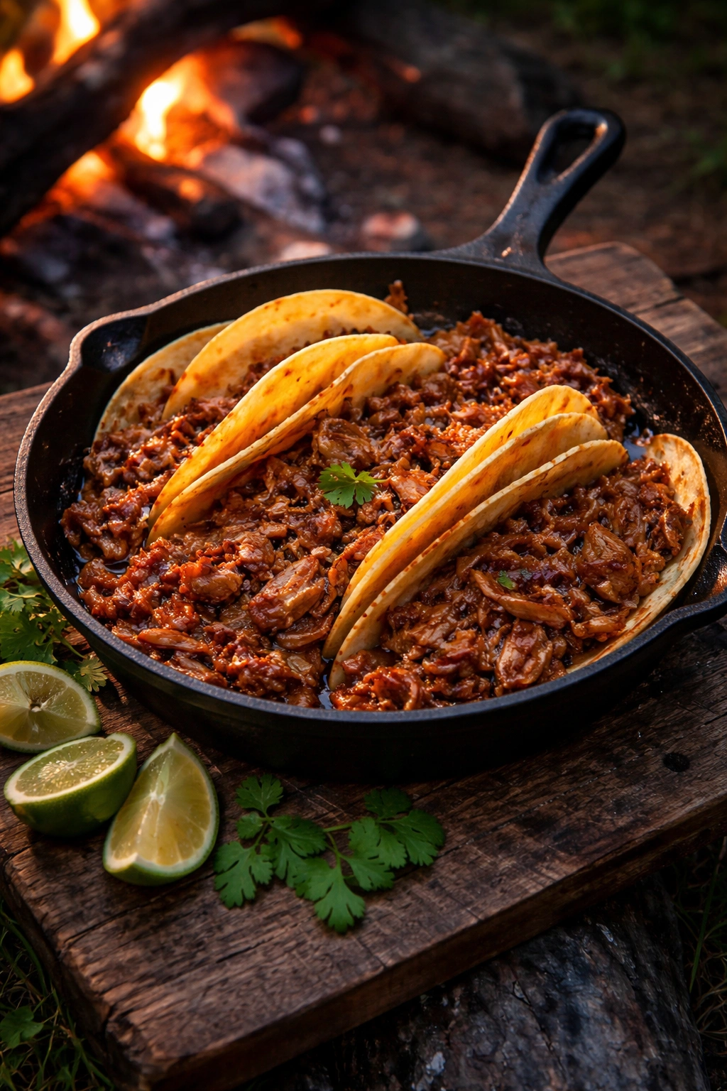 Skillet filled with carnitas and tortillas on a rustic surface