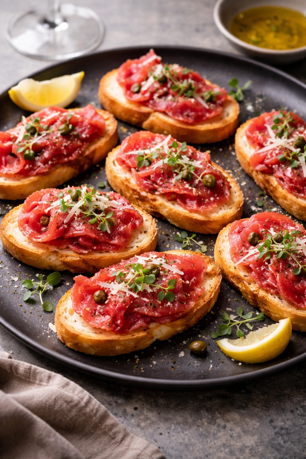 Beef carpaccio on crostini with olive oil