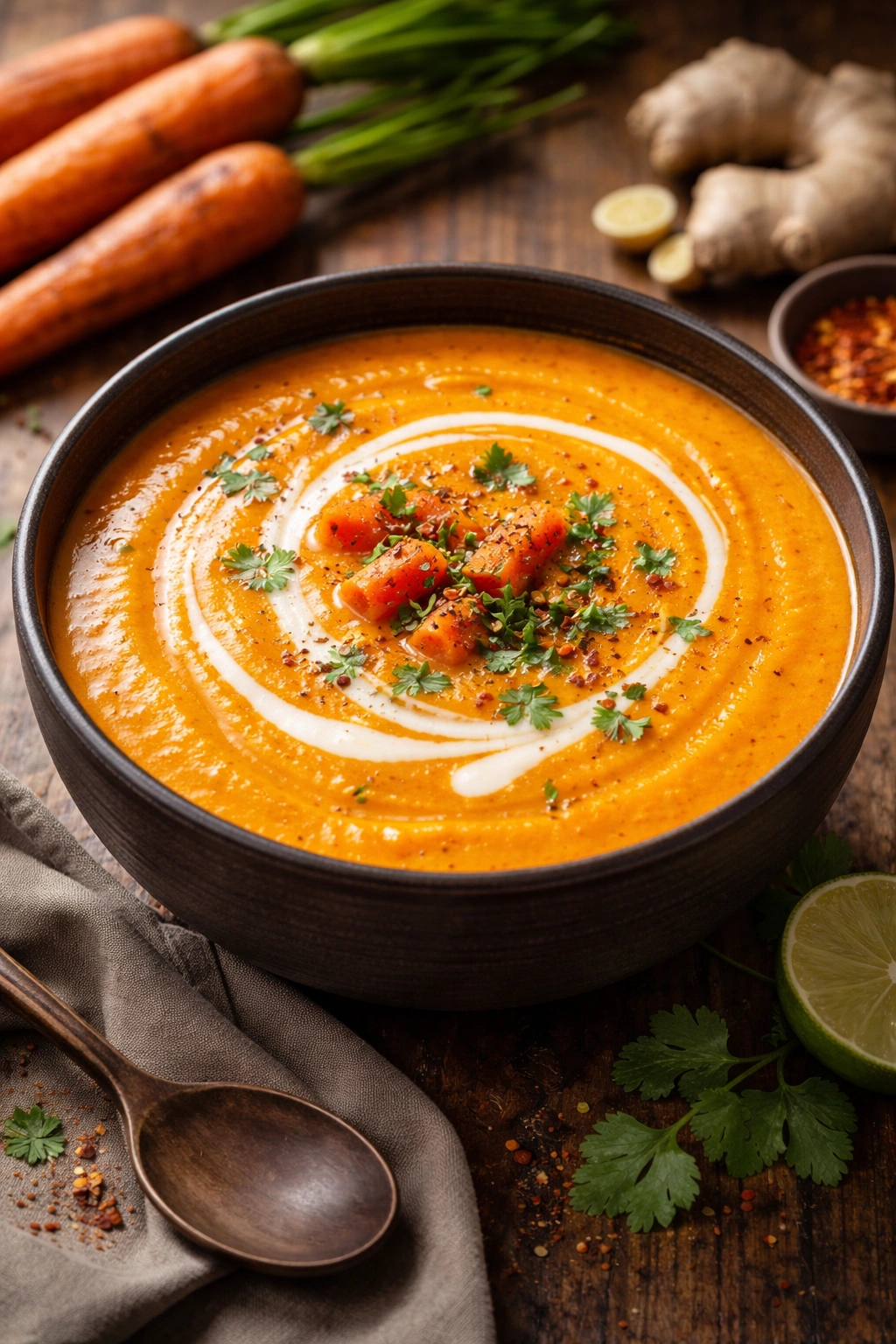 Orange carrot and ginger soup with coconut milk swirl in a dark bowl