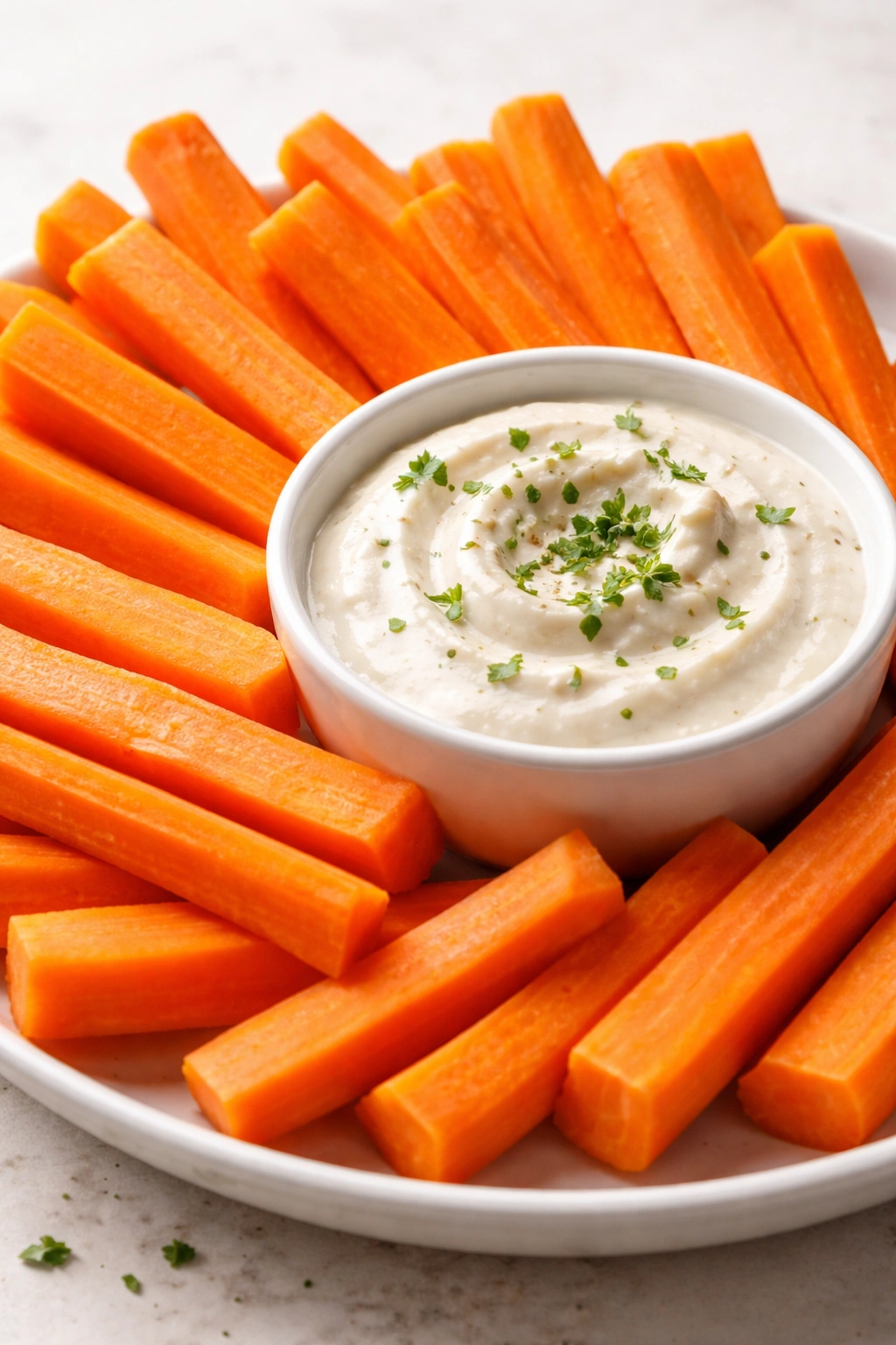 Carrot sticks with creamy dip on a plain background