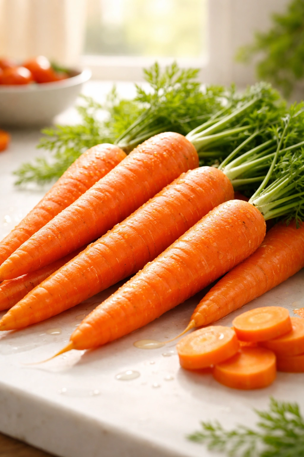Close-up of fresh orange carrots in morning light for immune support