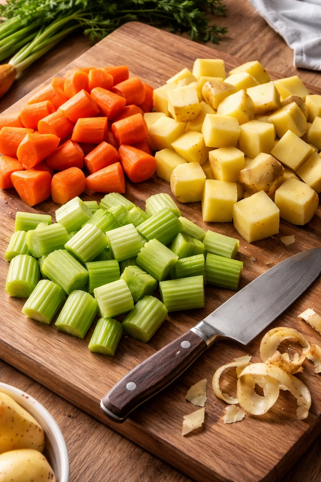 Carrots, potatoes, and celery cut into uniform pieces on a clean surface