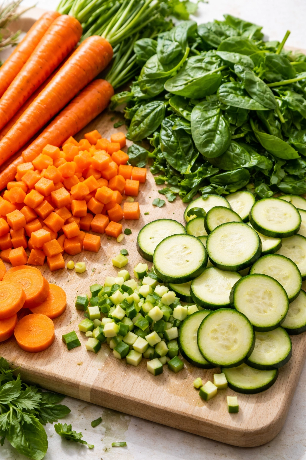 Vibrant carrots spinach and zucchini arranged on a cutting board