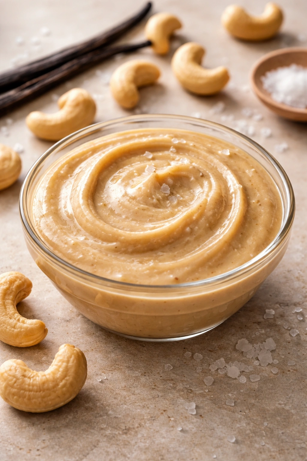 Creamy cashew butter in a glass bowl, smooth and rich