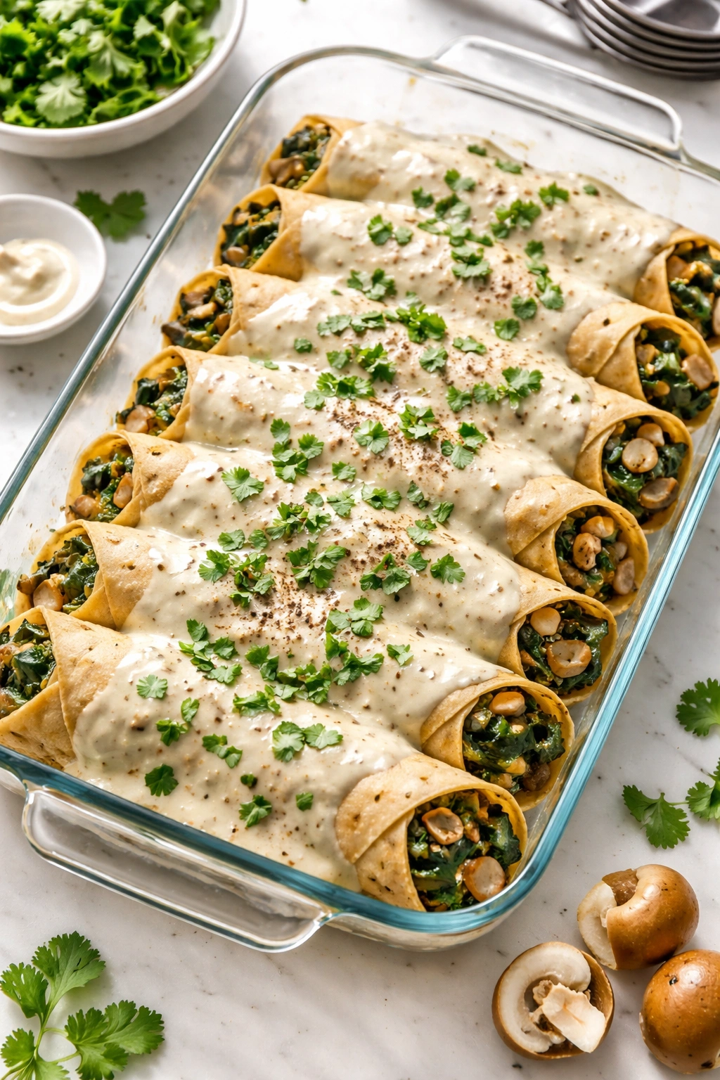 Enchiladas topped with cashew cream sauce in a baking dish