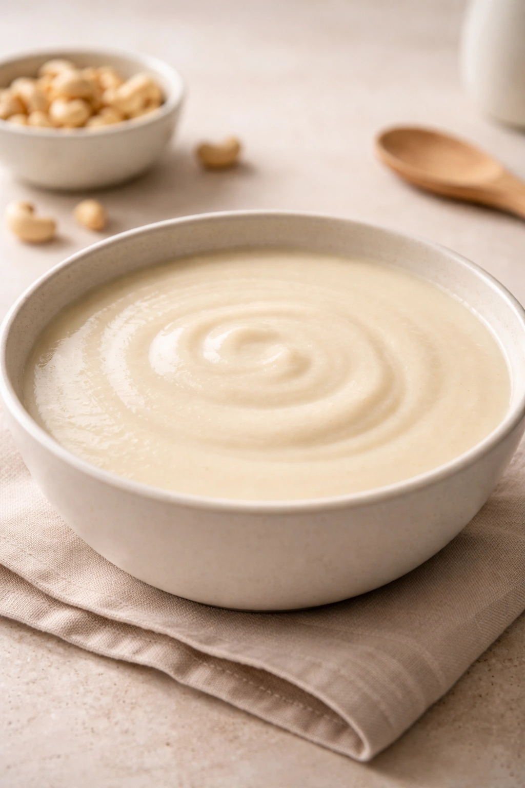 Bowl of creamy cashew-based soup with a smooth surface