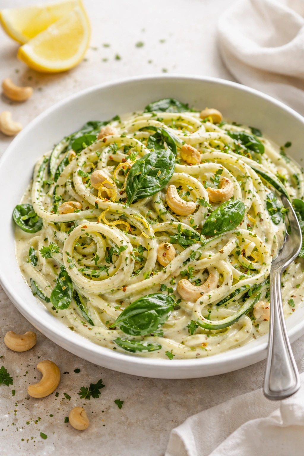 Zucchini pasta with creamy cashew sauce in a bowl