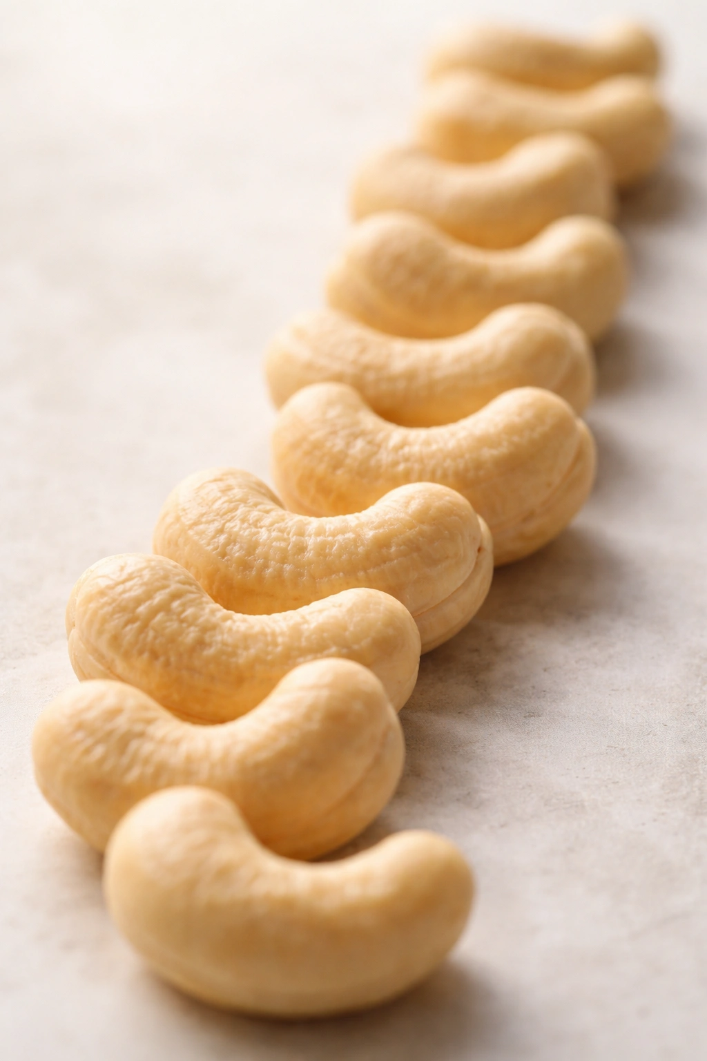 Cashews arranged on a plain surface highlighting shape and texture for bone health