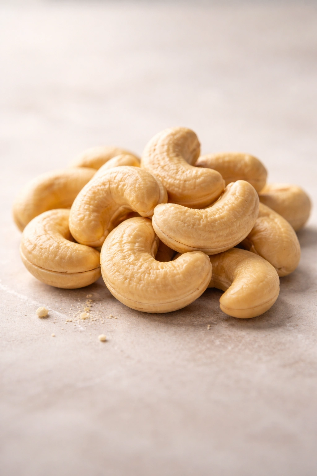 Close-up of a pile of cashews on a neutral background for prenatal nutrition