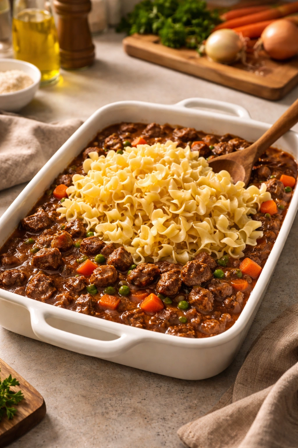Beef and sauce layered with noodles in a baking dish, ready to bake.