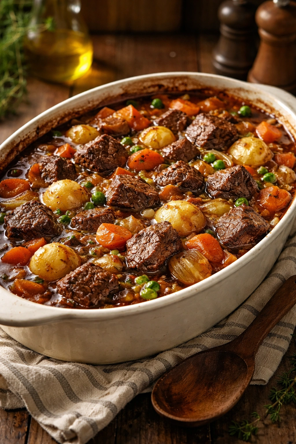 Beef casserole in a warm kitchen with glossy sauce and vegetables