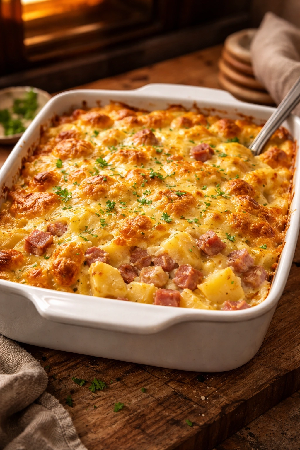 Bubbling golden cheesy potato and ham casserole in a ceramic baking dish
