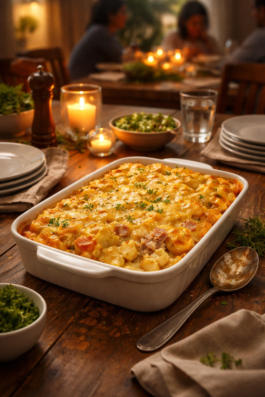 Golden-topped casserole ready to serve in a warm family dining setting.