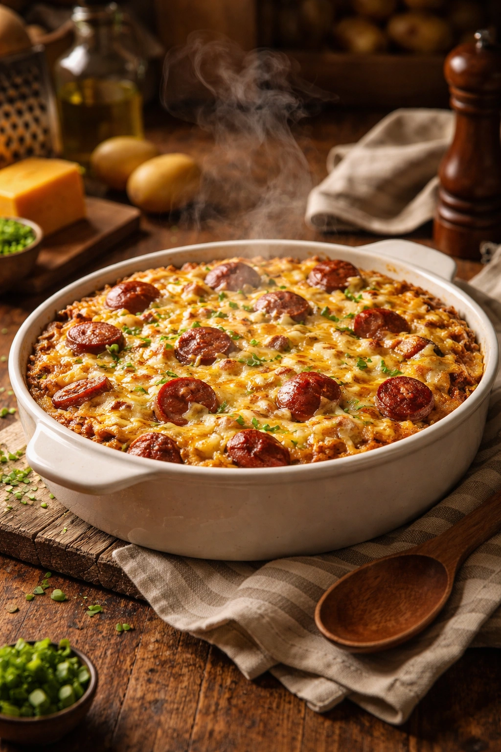 Close-up of a bubbling casserole with a golden cheese crust in a ceramic dish.