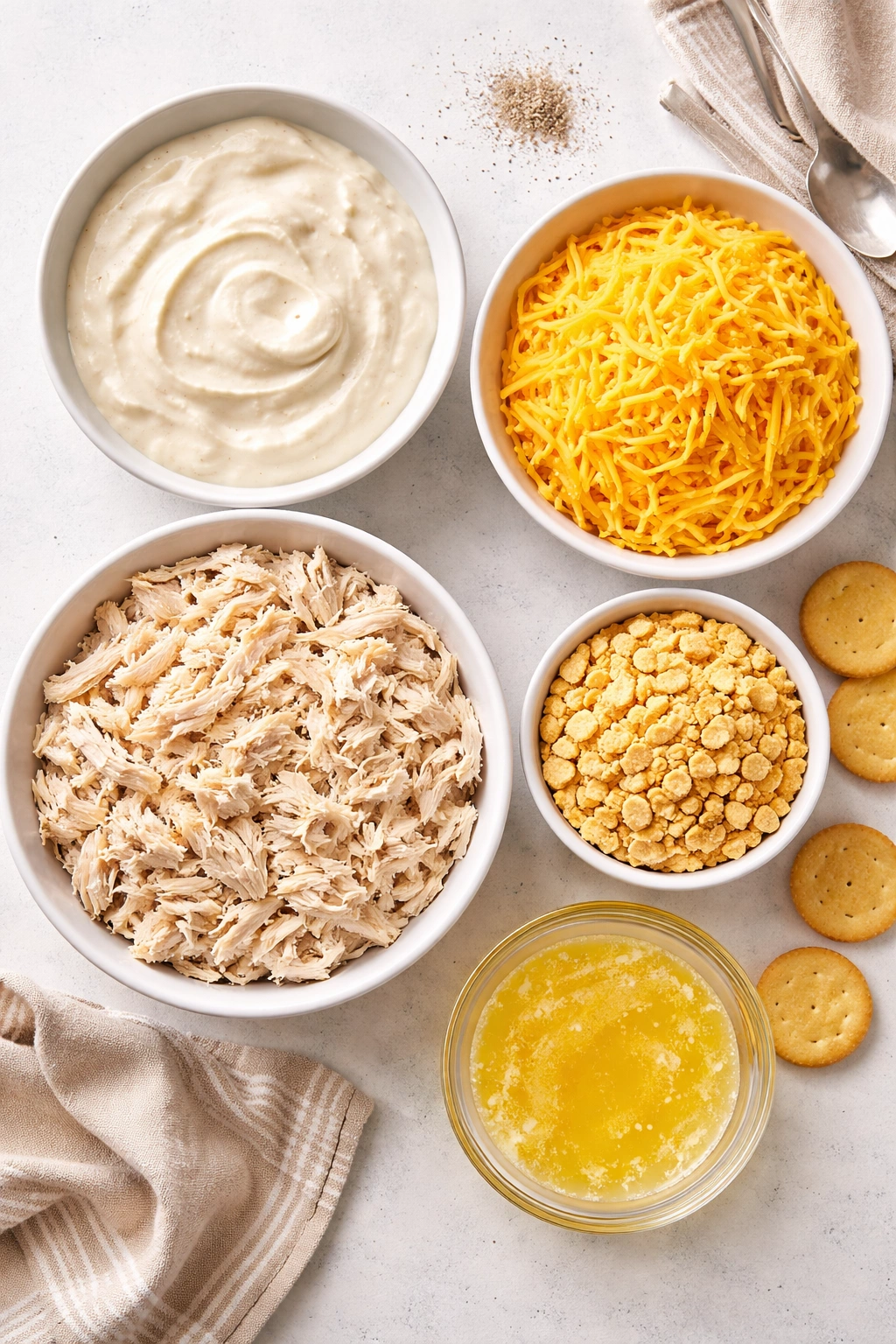 Flat lay of casserole ingredients ready for mixing