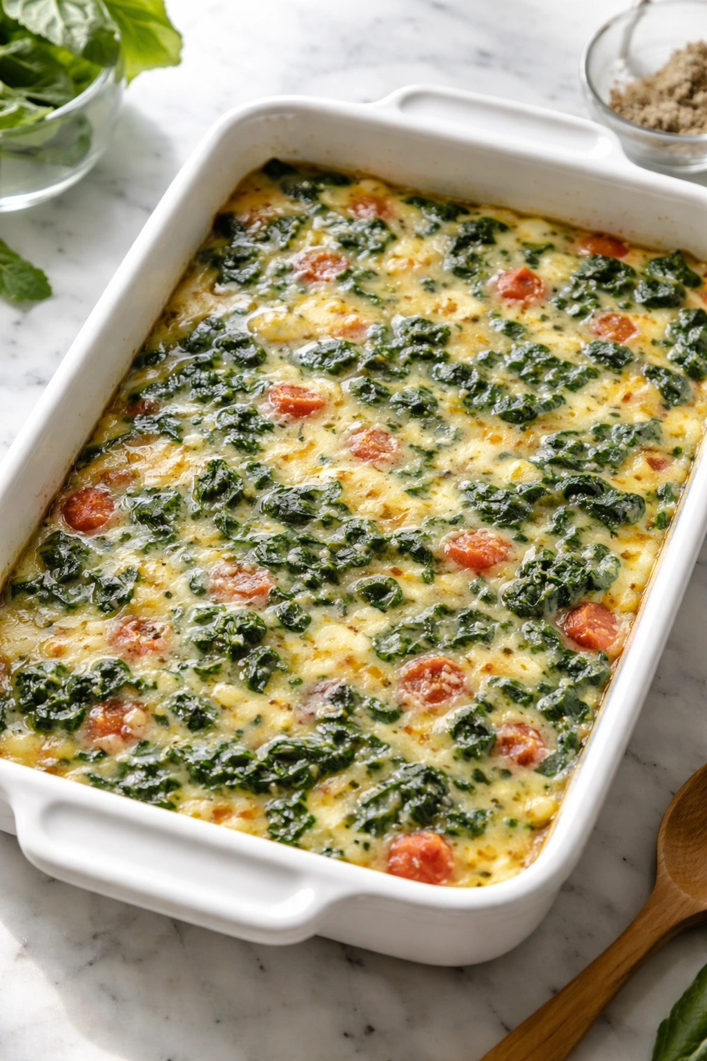 Casserole with watery surface indicating under-thawed spinach