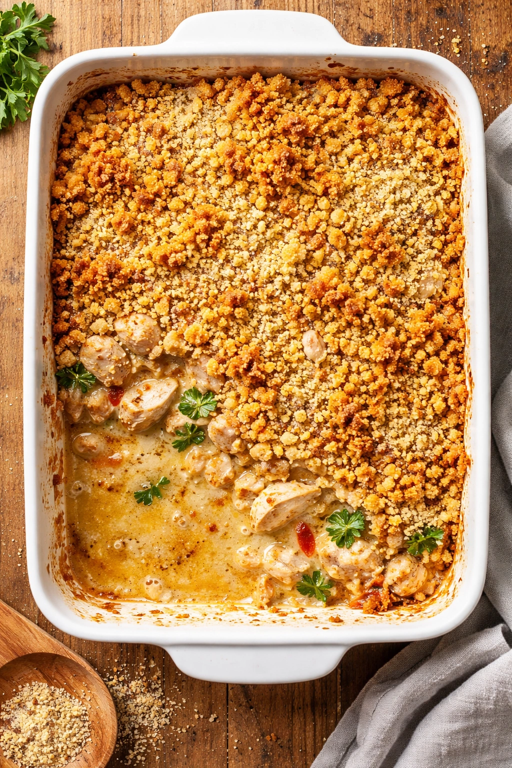 Casserole showing uneven topping and watery edges
