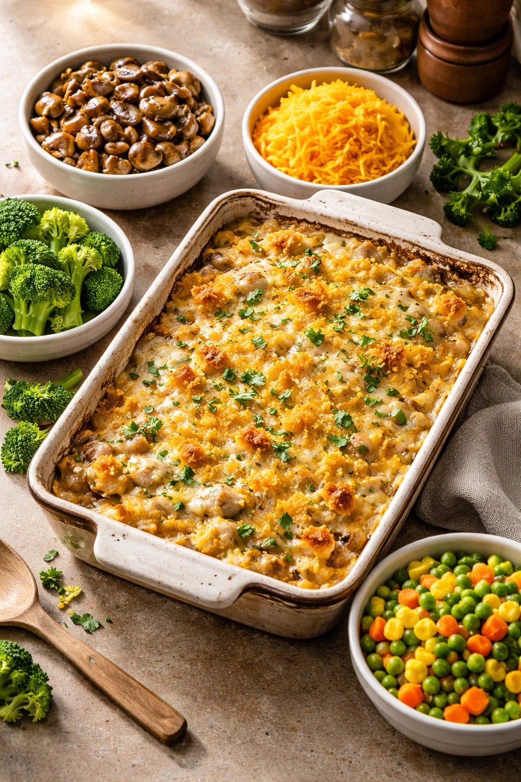 Creamy chicken casserole with mushrooms, cheese, and vegetables shown as variations