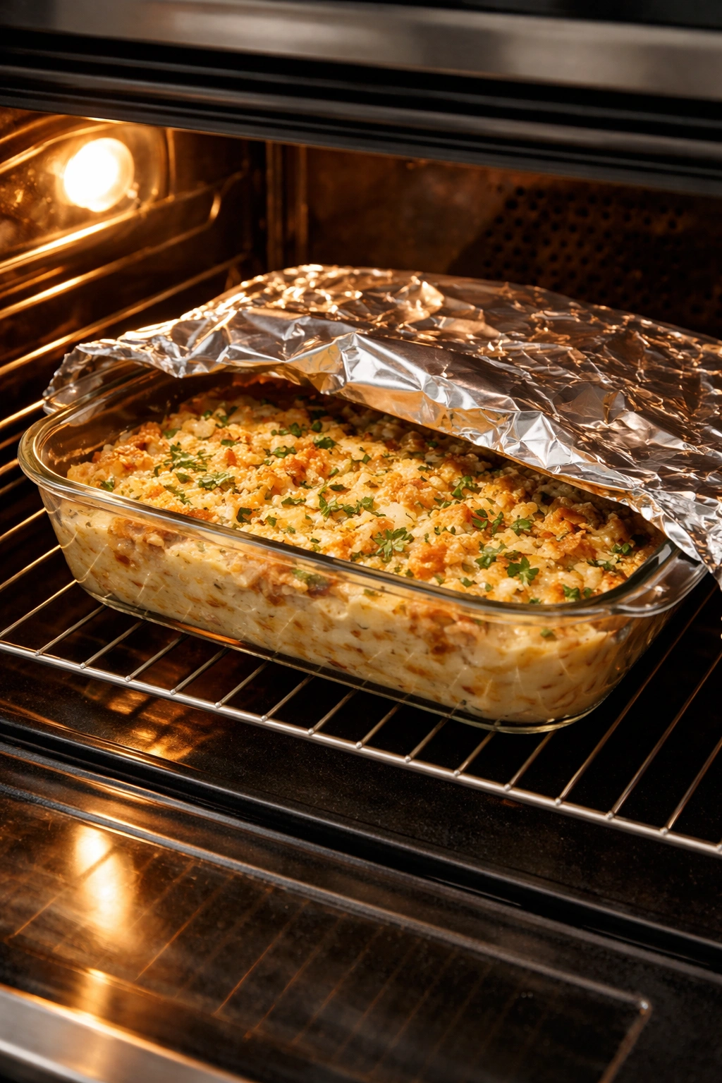 Baked casserole in oven-safe dish ready to reheat