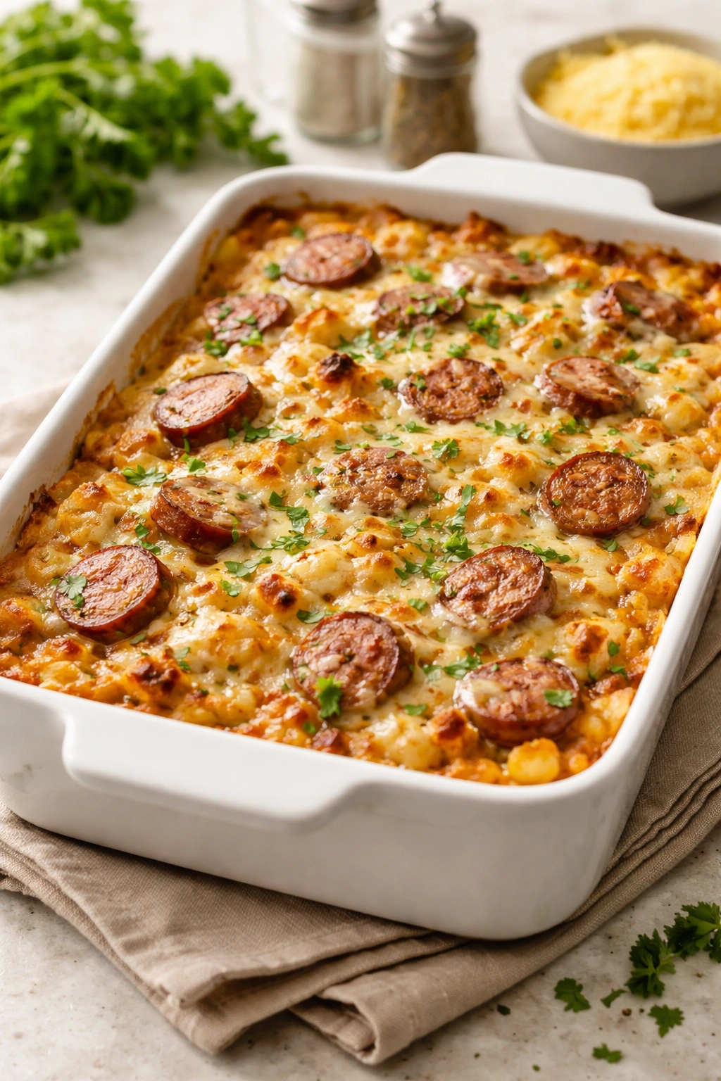 Casserole dish with a creamy hash brown and sausage bake, golden top.
