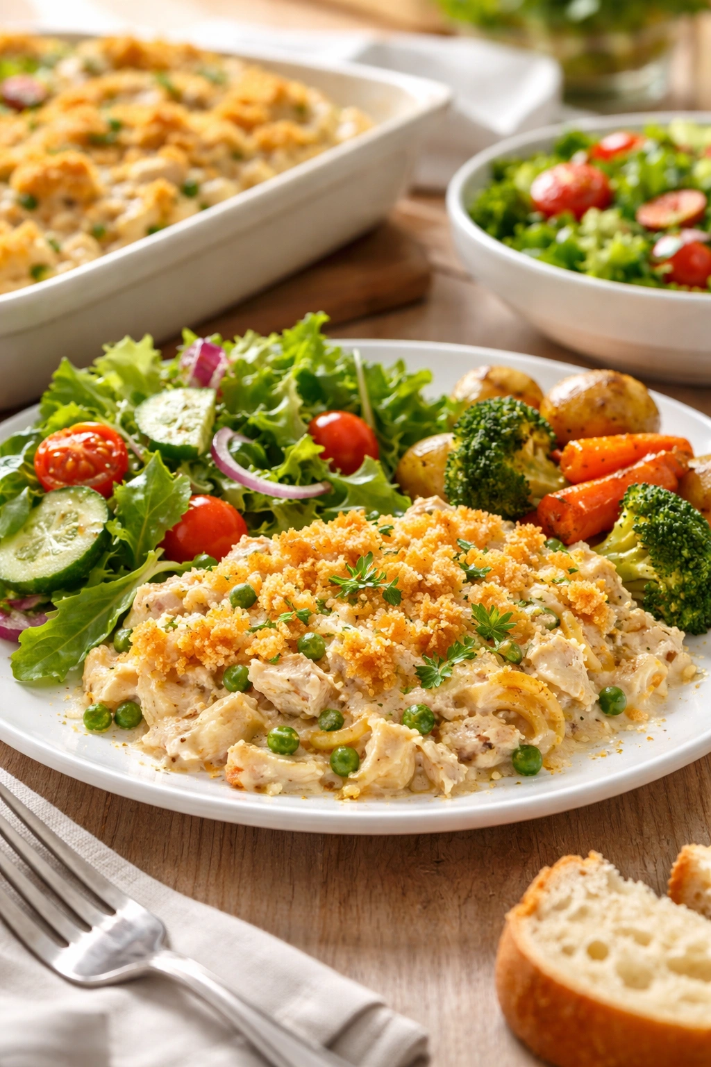 Casserole plated with salad and roasted vegetables as sides