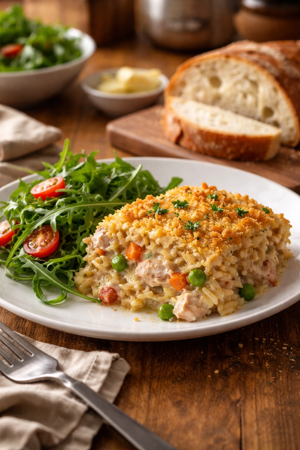 Plate with casserole and greens and bread