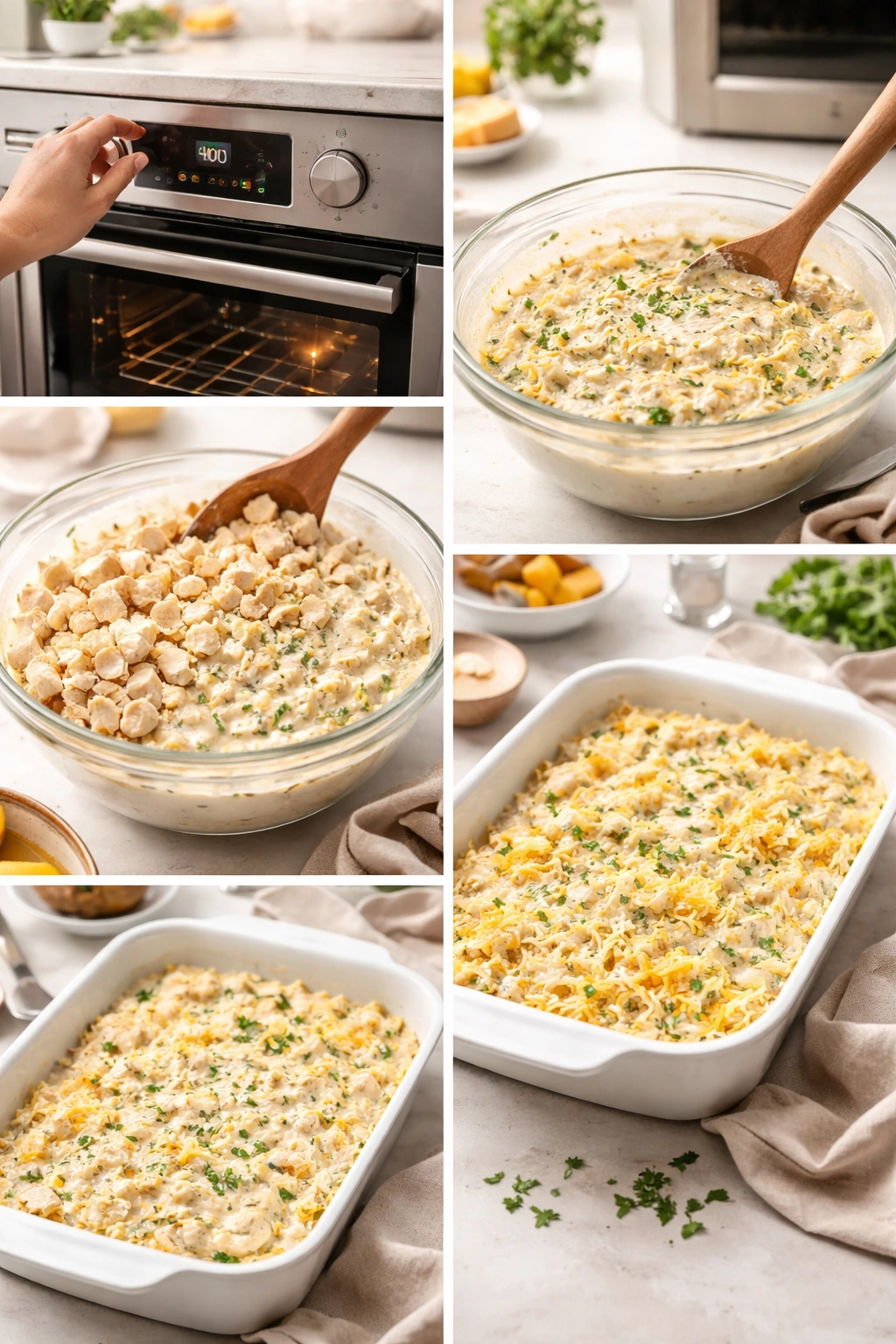 Creamy chicken casserole in a baking dish ready to bake