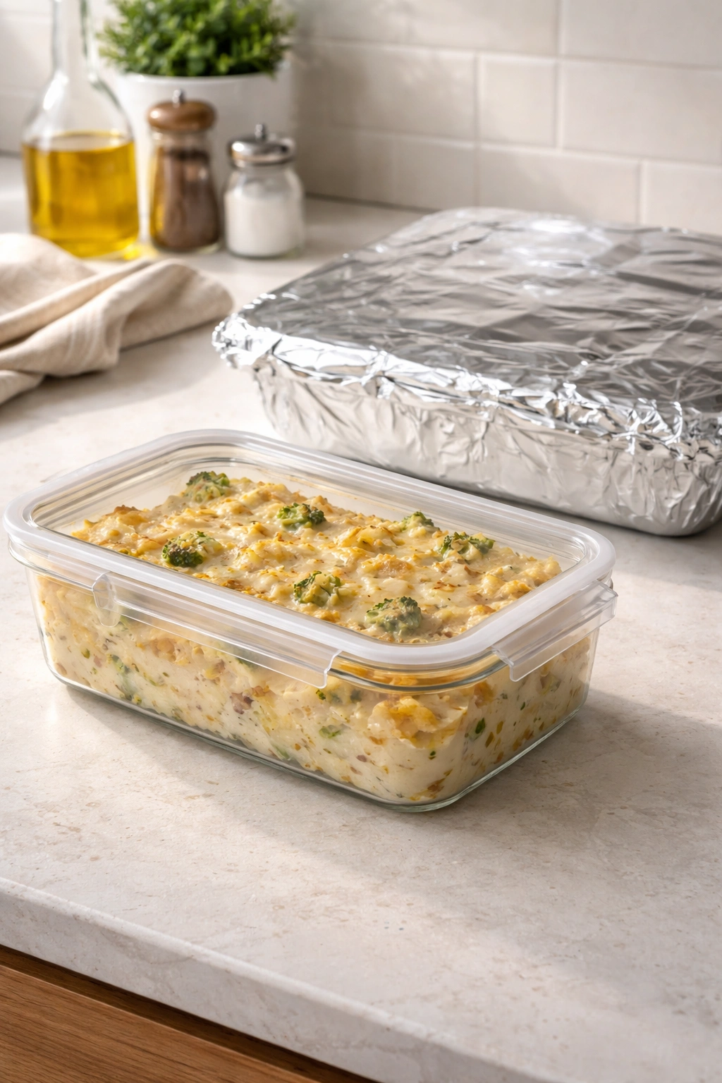 Leftovers stored in airtight container alongside foil-wrapped dish