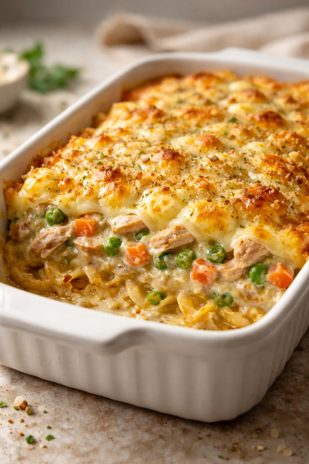 Layered casserole in glass dish showing sauce and cheese layers