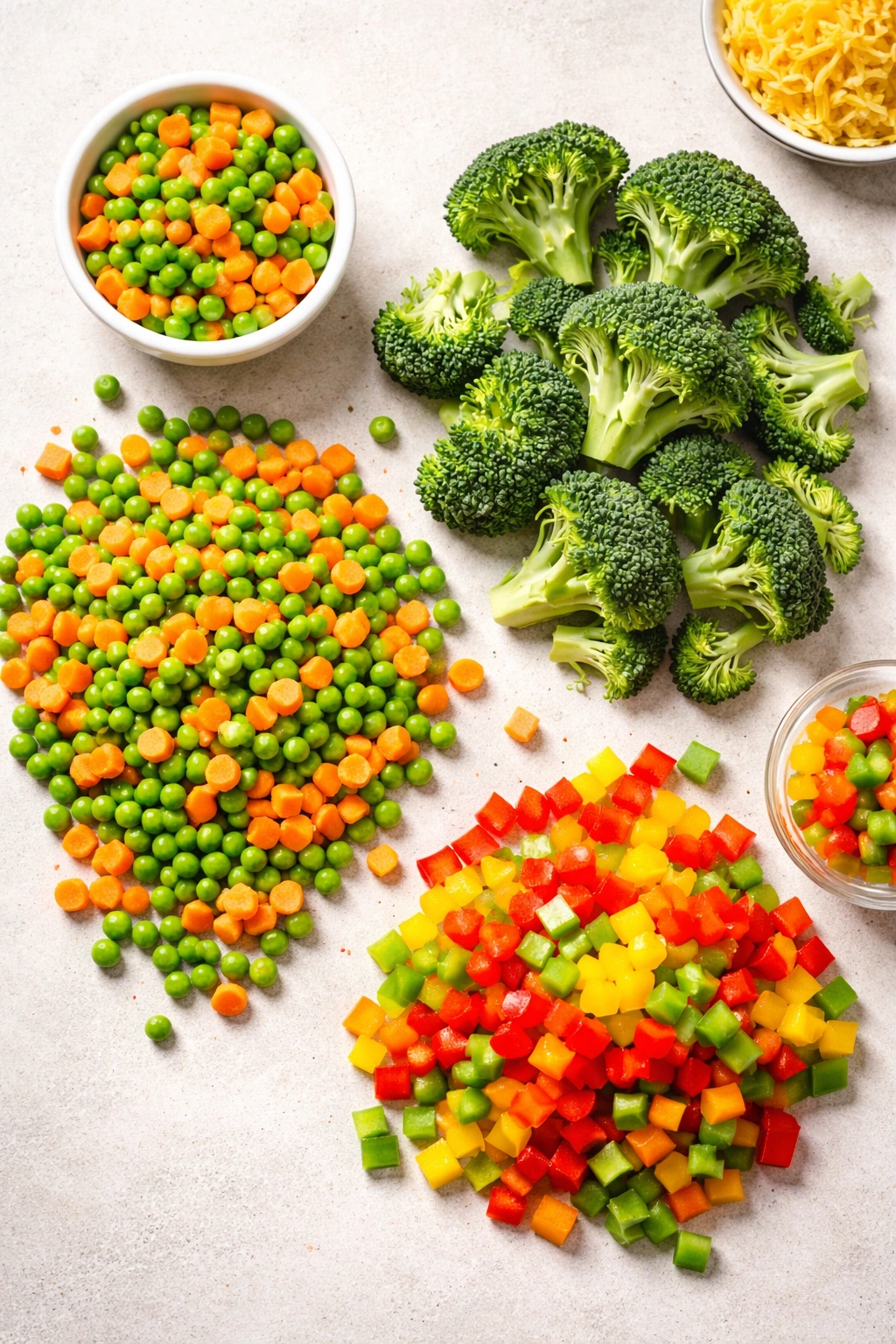 Three topping ideas for casserole: peas with carrots, broccoli, and peppers
