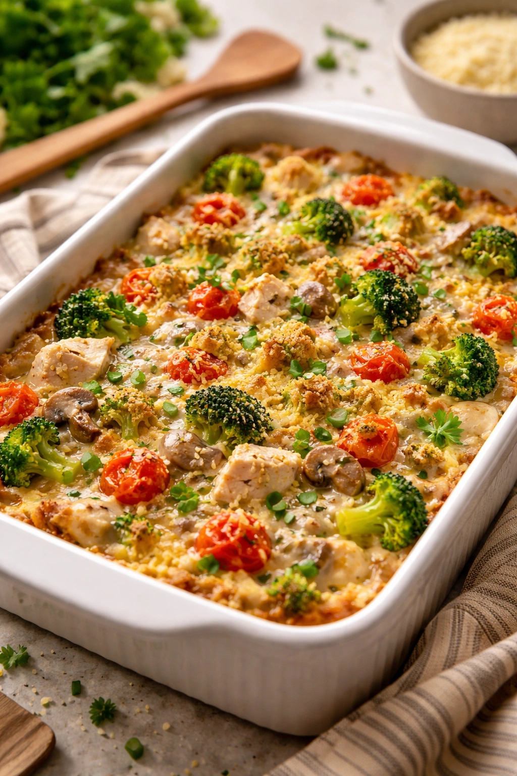 Casserole with veggie mix-ins under a creamy top
