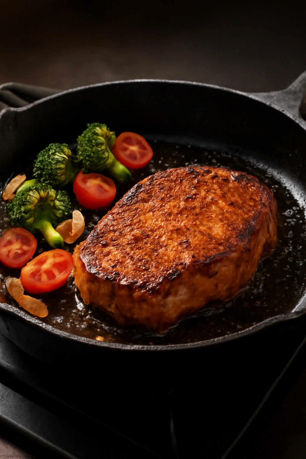 Hot cast iron skillet searing meat with crust