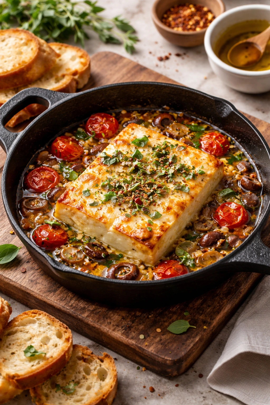 Cast iron skillet with feta and herbs, oil shimmering