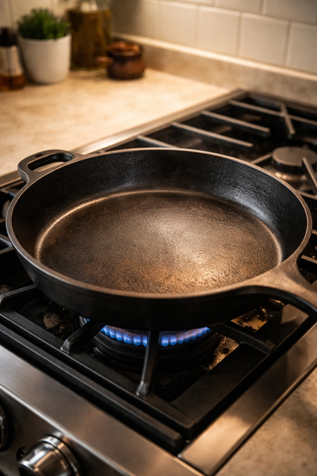 Heavy cast iron pan preheated and ready for searing