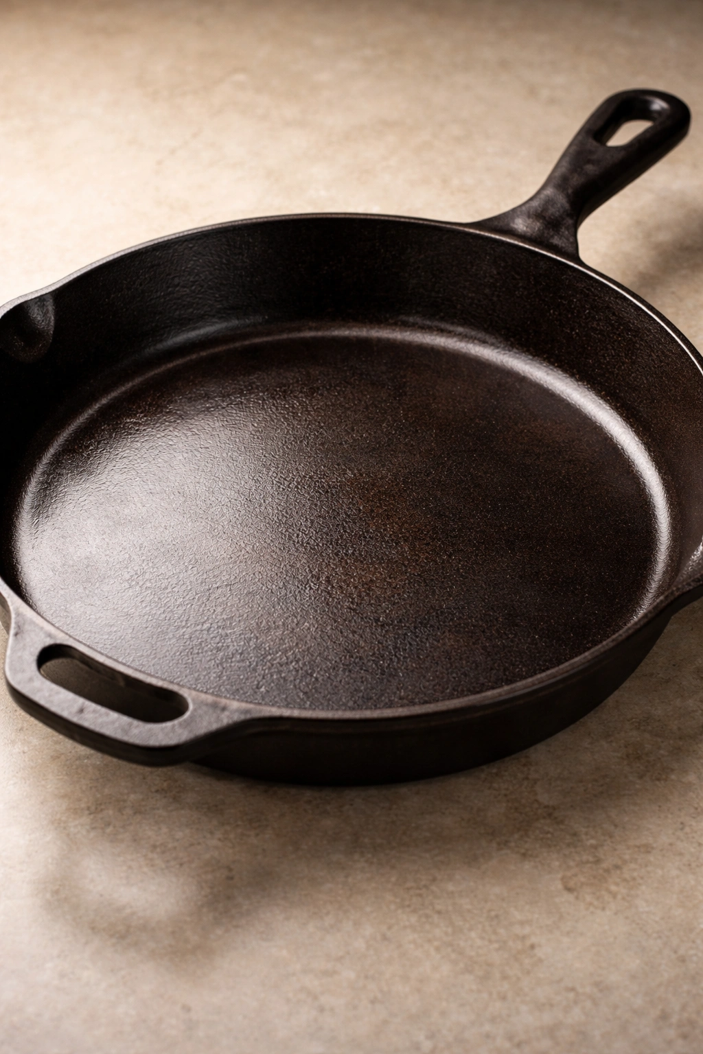 Single cast iron skillet with a smooth, dark patina on a neutral surface