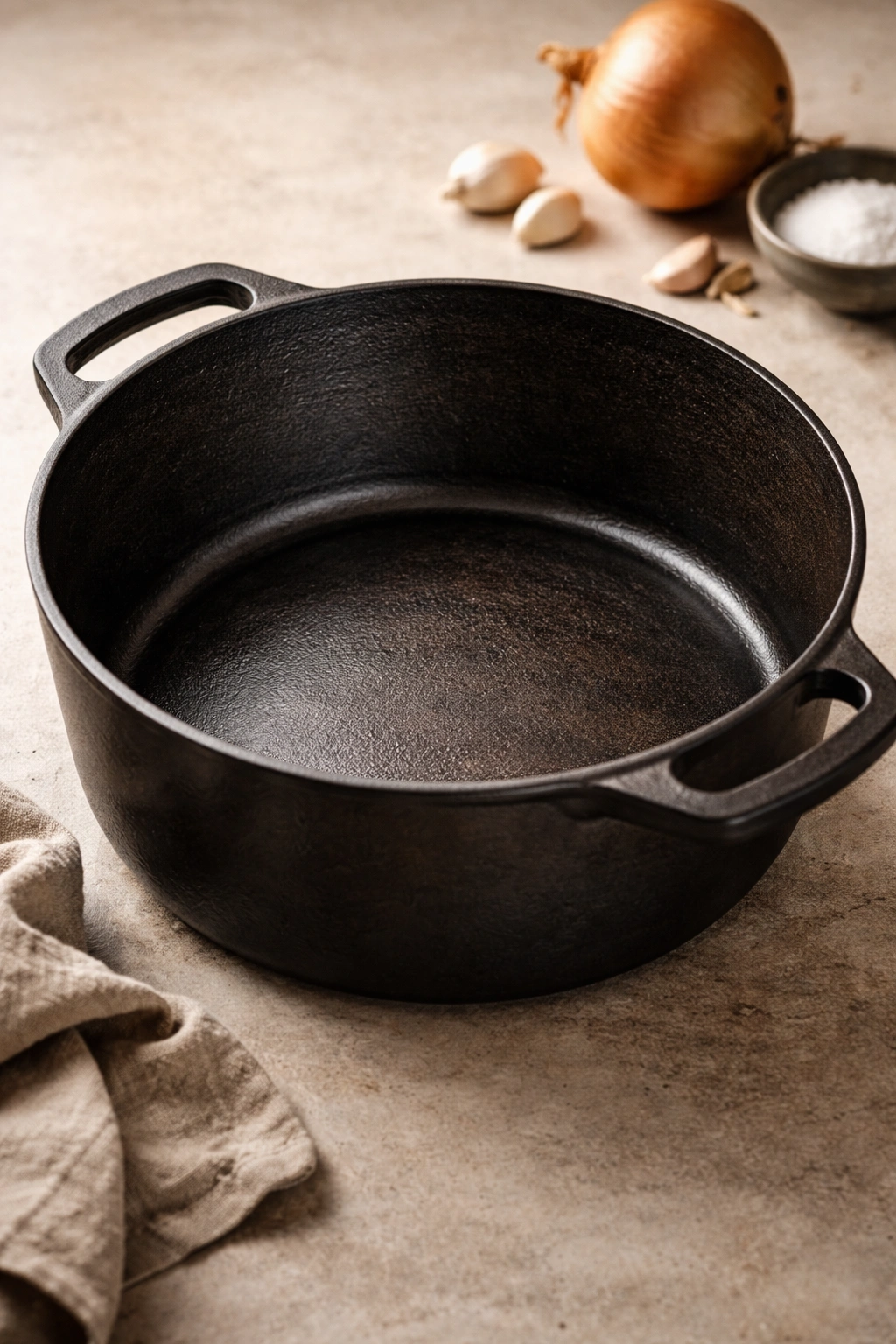 Well-seasoned cast-iron pot on neutral background