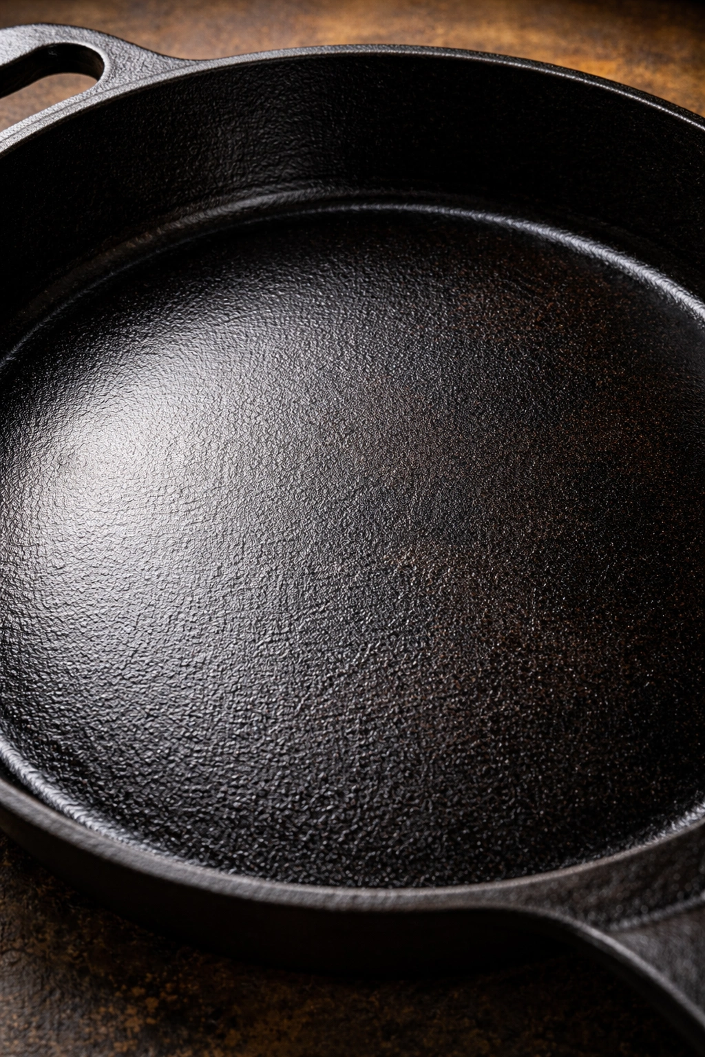 Close-up of a cast iron skillet surface with a dark polymerized patina