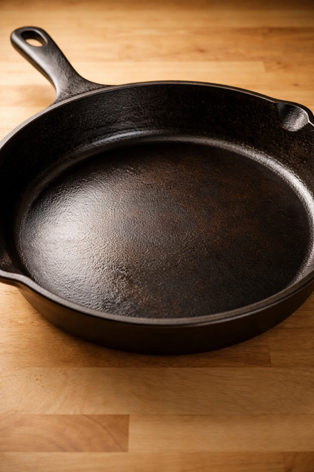 Close-up of a well-seasoned cast iron skillet interior with a deep patina
