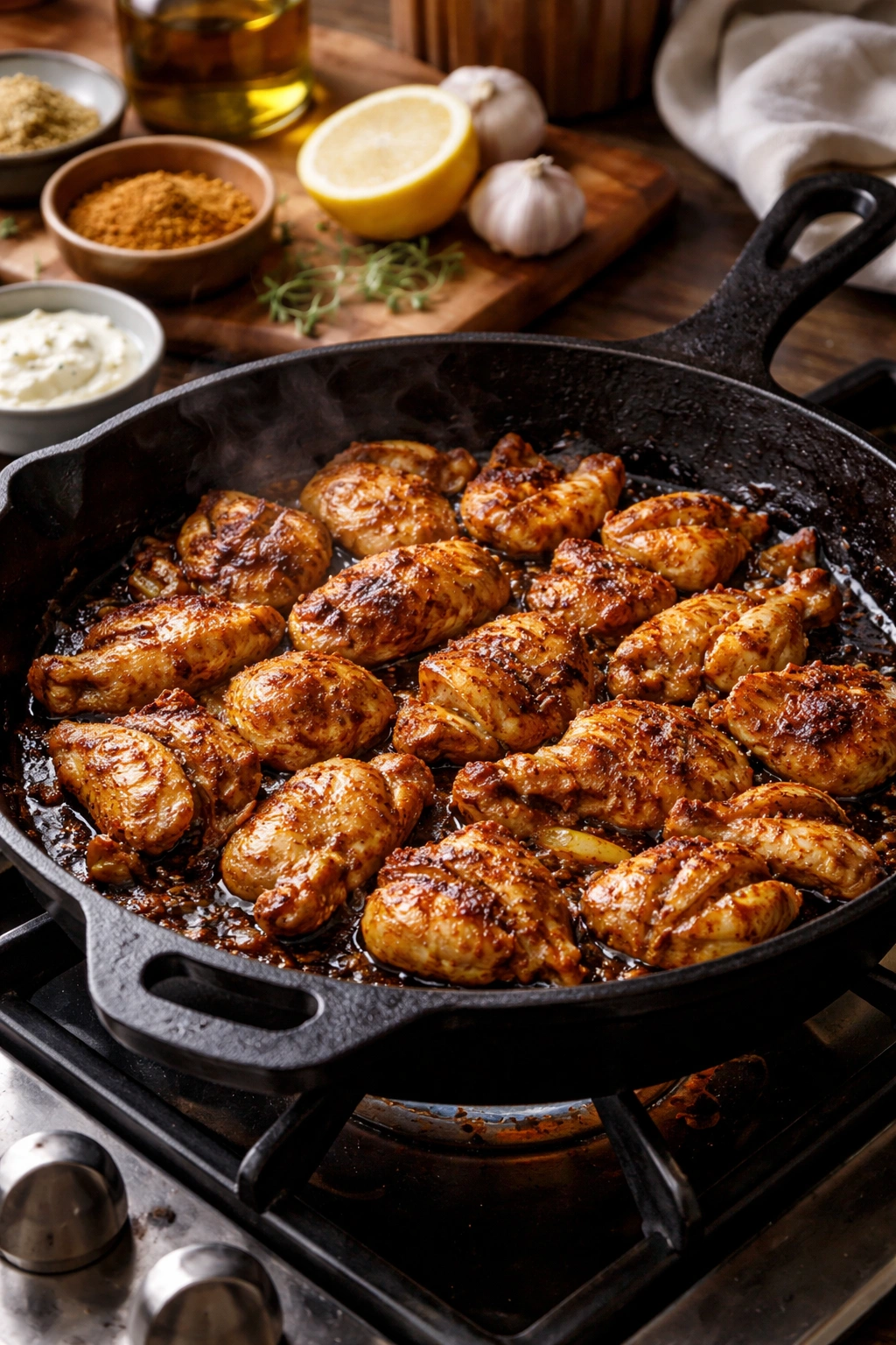 Cast-iron skillet with marinated chicken browning on stovetop.
