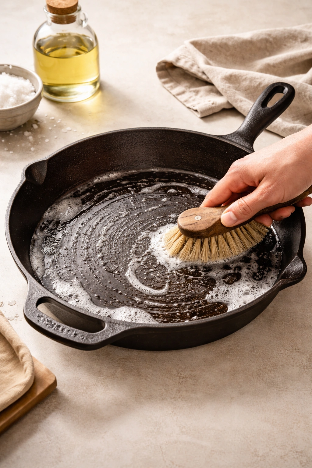 Pristine cast iron skillet interior with smooth patina